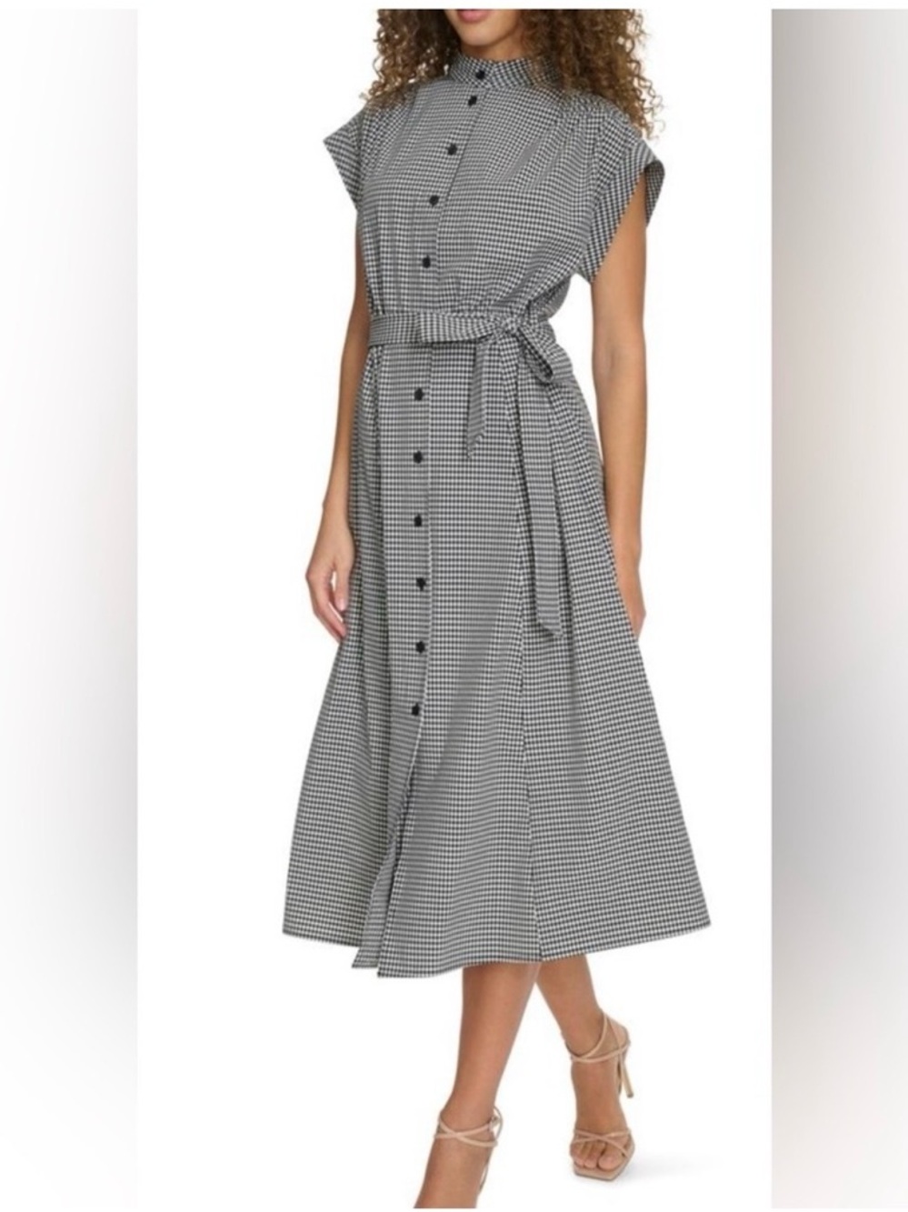 Calvin Klein Black & White Gingham Midi Shirt Dress with Tie Waist